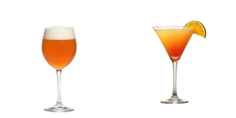 two distinct cocktails in elegant glassware on a transparent background one with foam and the other garnished with a slice of orange depicting clear textures and colors