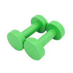 A vibrant pair of green dumbbells resting on a solid transparent background, showcasing their smooth and shiny surface with rounded ends, perfect for fitness enthusiasts or home workouts.