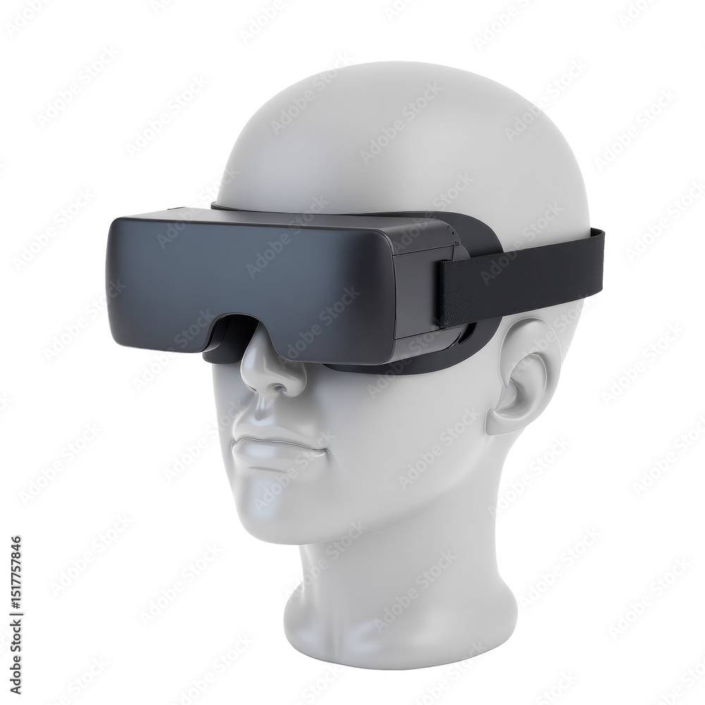 Poster virtual reality headset displayed on a white mannequin head on a transparent background emphasizing 