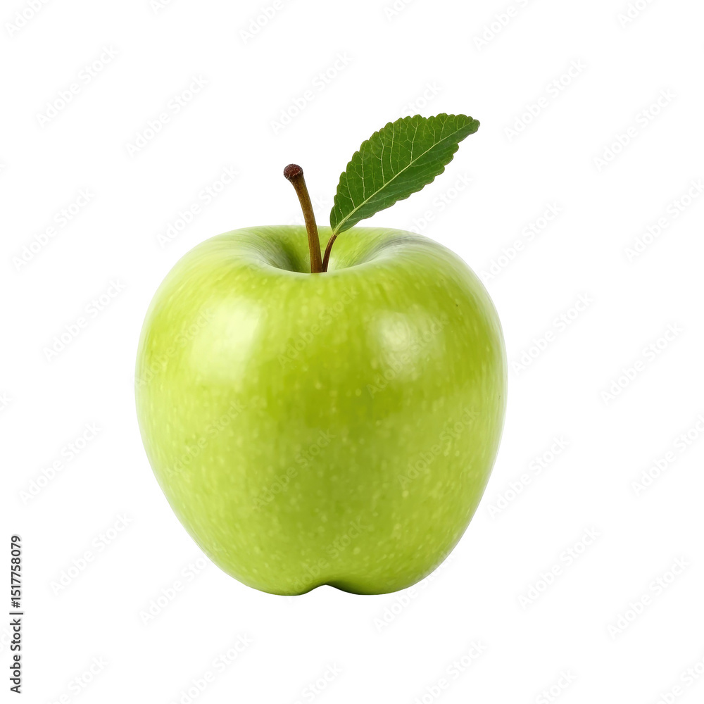Poster fresh green apple with leaf isolated on transparent background displaying natural shine and texture 