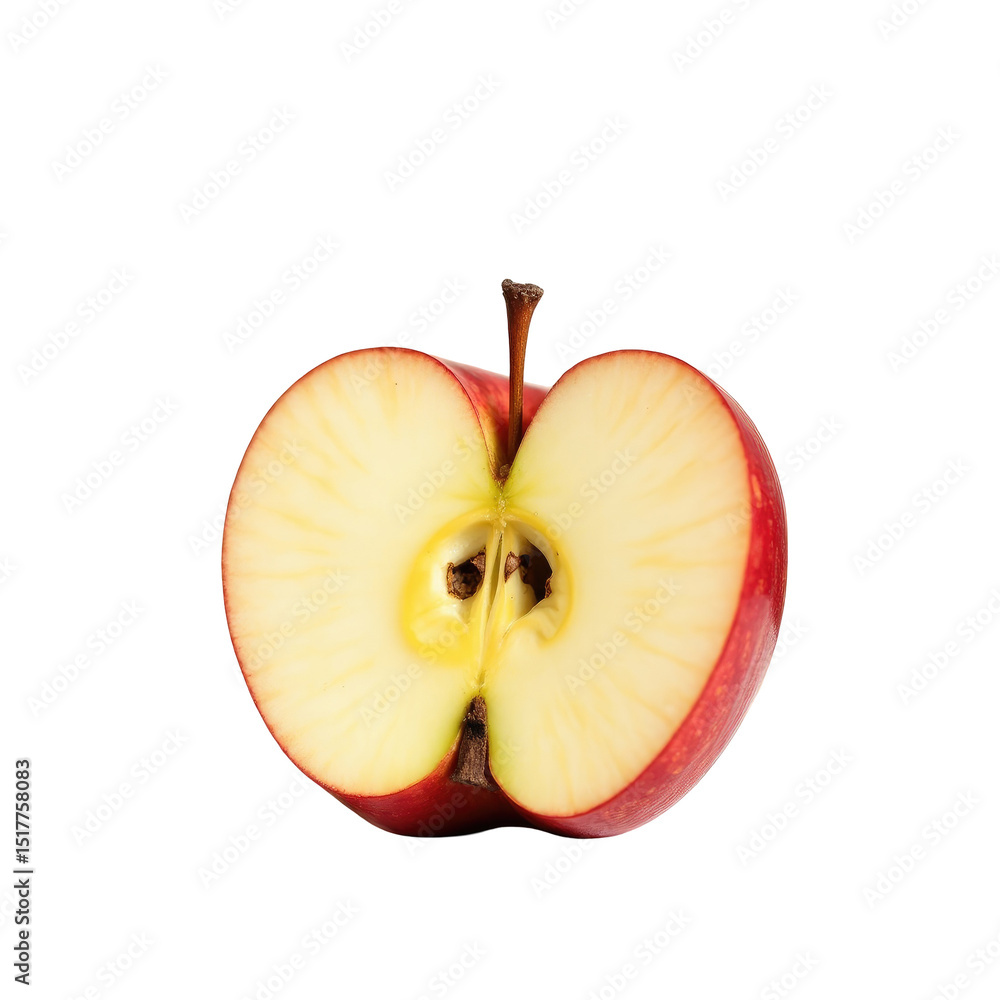 Poster sliced red apple revealing its interior on a transparent background emphasizing the fruit's texture 