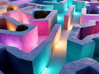 Colorful floating maze structure illuminated with gradient glowing lights in abstract style
