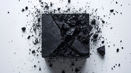 Abstract explosion with shattered black square stone, showing vector debris in a geometric layout.