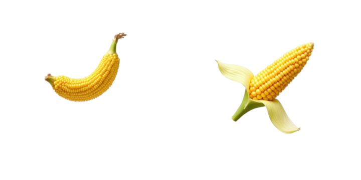 Fresh yellow corn cob with husk and kernel isolated on transparent background, featuring two distinct corn variants in a dynamic position with clipping path.