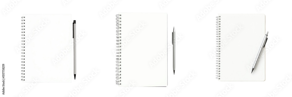 Poster blank spiral notebook with ballpoint pen isolated on transparent background three different orientat