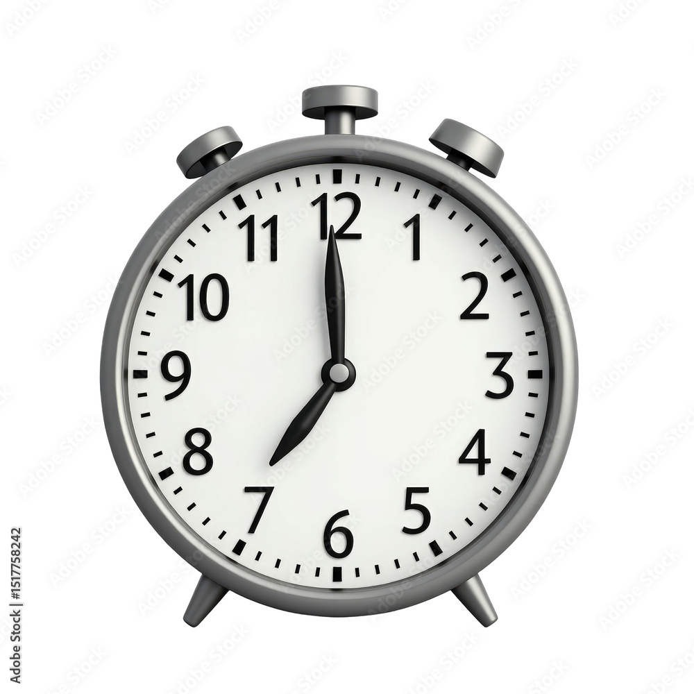 Poster silver analog alarm clock with transparent numbers and hands isolated on a transparent background di