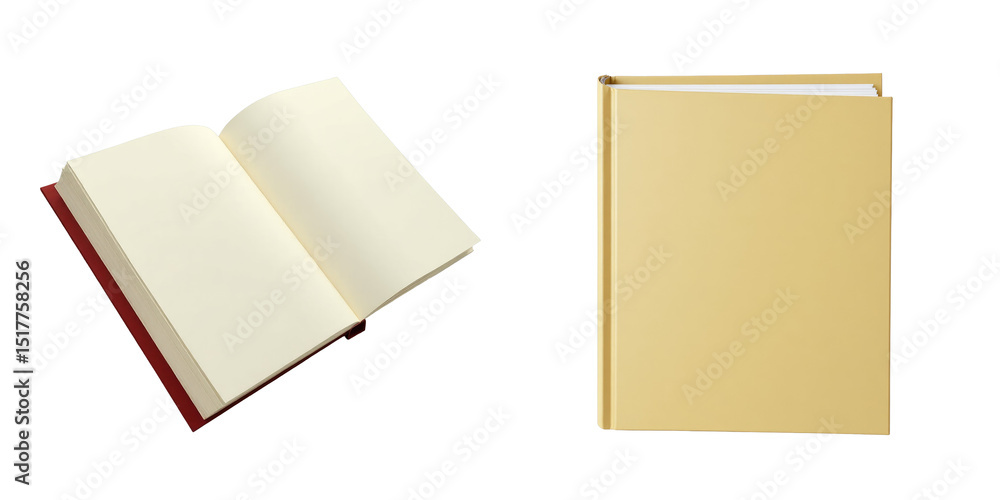 Poster closeup of open and closed books on transparent background featuring blank pages and a solid color c
