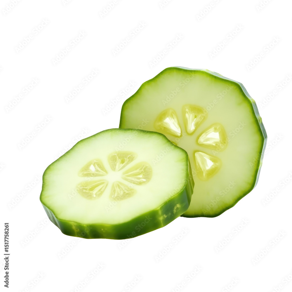 Poster fresh cucumber slice isolated on transparent background showing green rind and light yellow interior