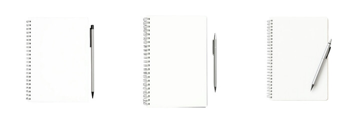 blank spiral notebook with ballpoint pen isolated on transparent background three different orientations of notebook and pen arranged neatly