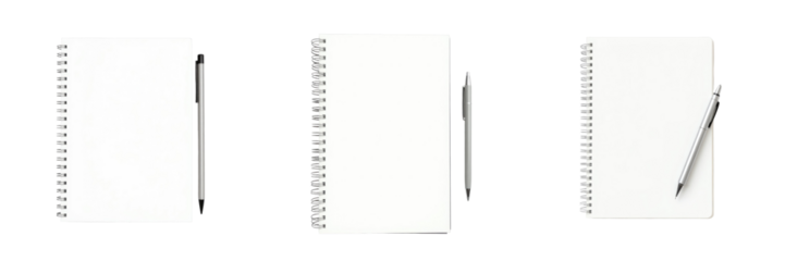 blank spiral notebook with ballpoint pen isolated on transparent background three different orientations of notebook and pen arranged neatly