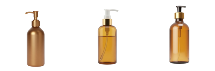 various brown and gold cosmetic glass pump bottles on isolated transparent background showcasing different designs and pump mechanisms for beauty products