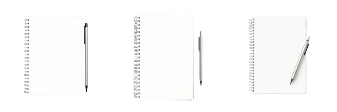 blank spiral notebook with ballpoint pen isolated on transparent background three different orientations of notebook and pen arranged neatly