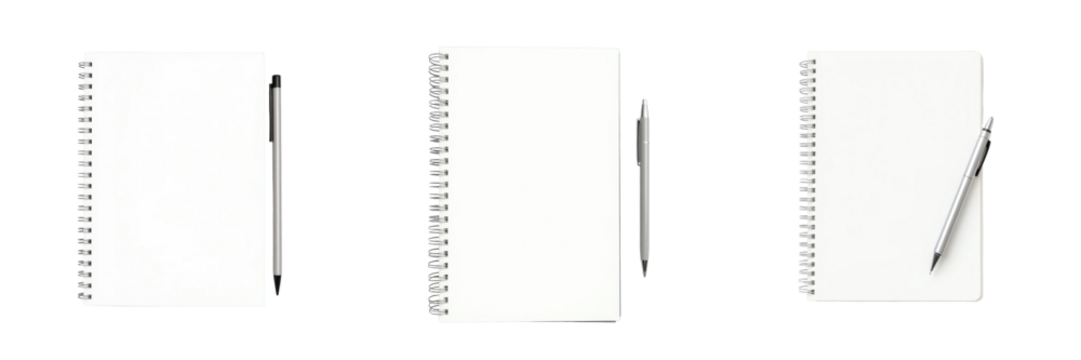 blank spiral notebook with ballpoint pen isolated on transparent background three different orientations of notebook and pen arranged neatly