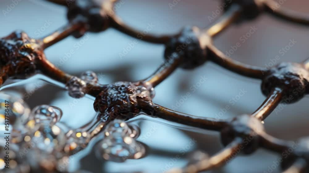 Poster sparkling, translucent bubbles adhere to a complex metallic grid, creating an intriguing interplay o