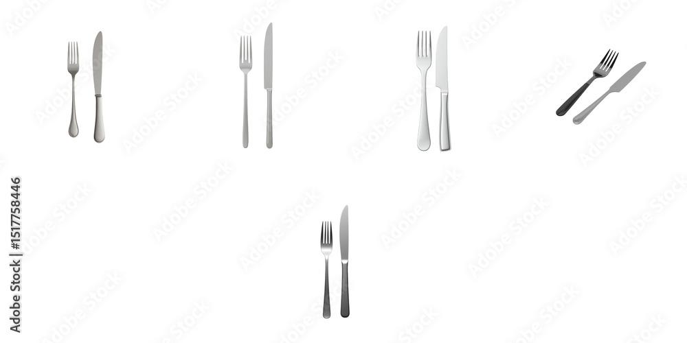 Poster collection of forks and knives displayed on a transparent background showing various styles and orie