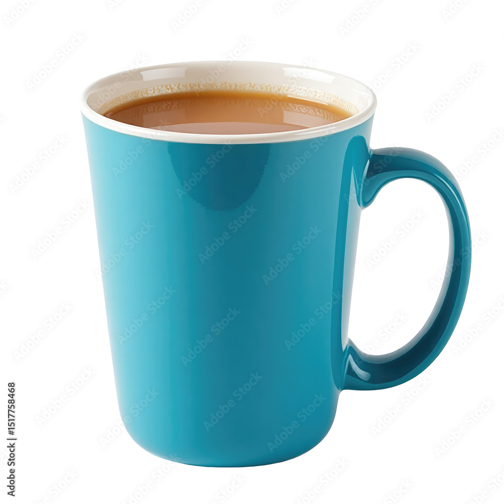 Poster blue plastic cup filled with tea positioned on a transparent background showcasing its smooth finish