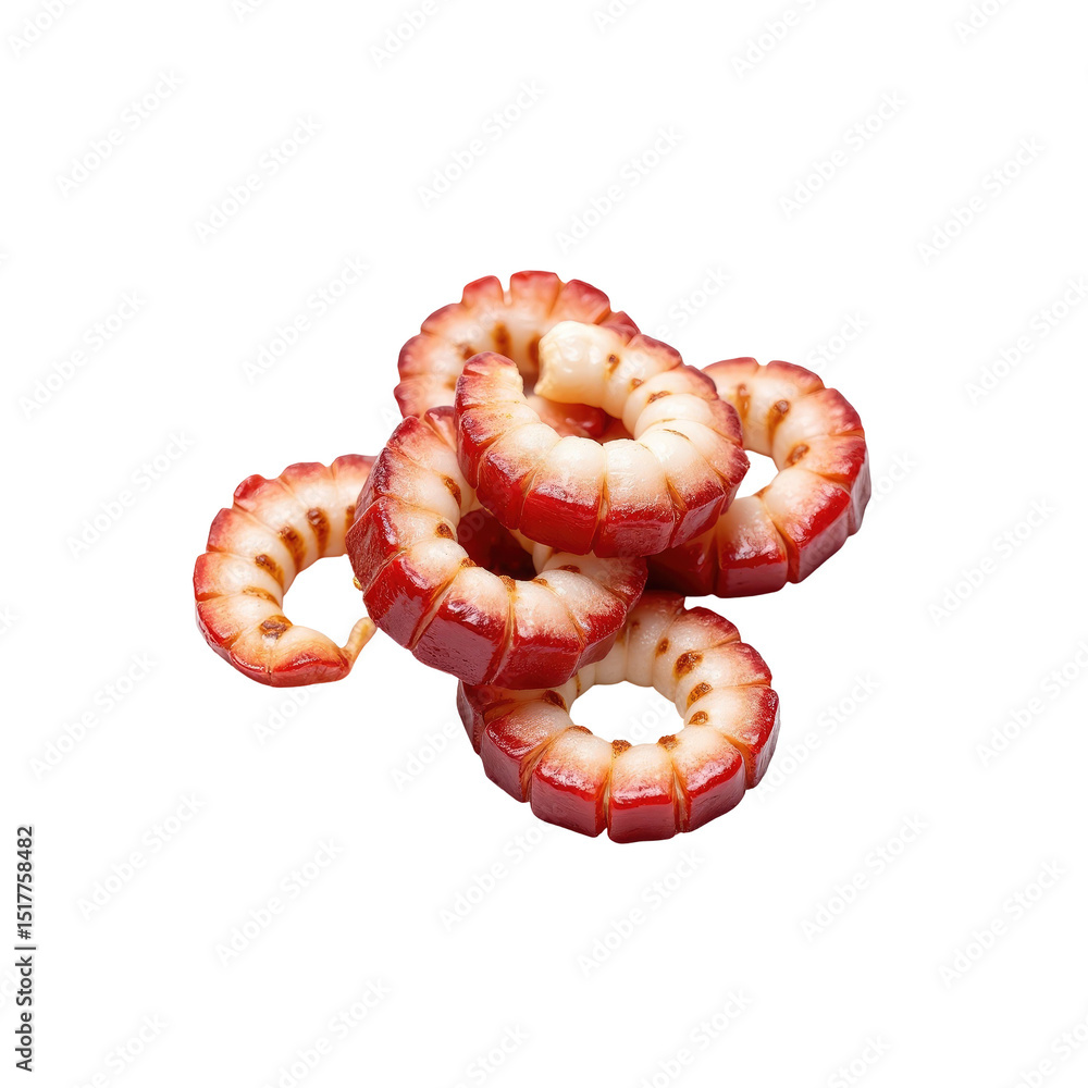 Poster sliced grilled squid rings arranged in a pile on a transparent background highlighting the intricate