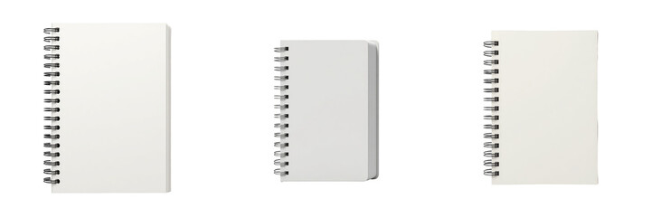Blank spiral-bound notebooks on transparent background, featuring various orientations and styles, perfect for stationery and design applications.