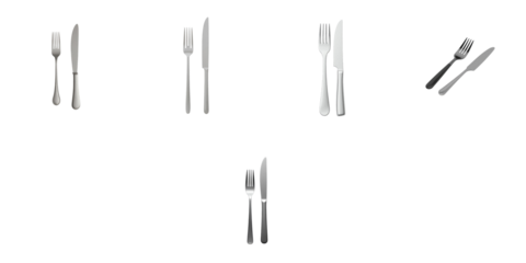 Collection of forks and knives displayed on a transparent background showing various styles and orientations suitable for culinary and dining related graphics