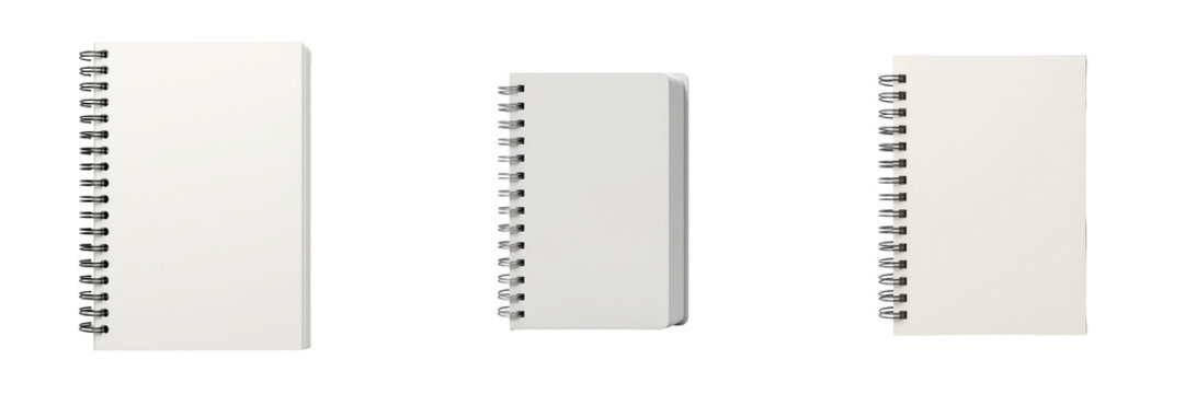Blank spiral-bound notebooks on transparent background, featuring various orientations and styles, perfect for stationery and design applications.