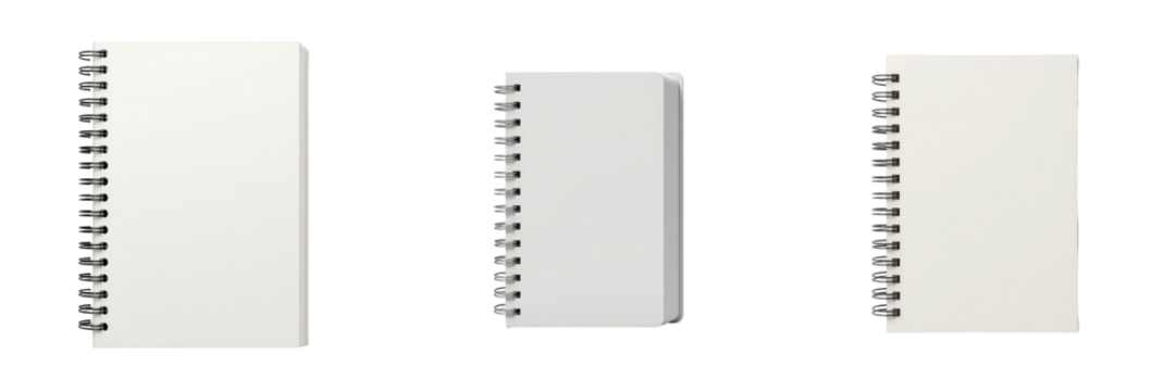 Blank spiral-bound notebooks on transparent background, featuring various orientations and styles, perfect for stationery and design applications.