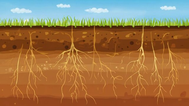 Detailed cross-section of healthy soil, illustrating intricate plant roots growing beneath green grass. Ideal for ecology, agriculture, and environmental themes.