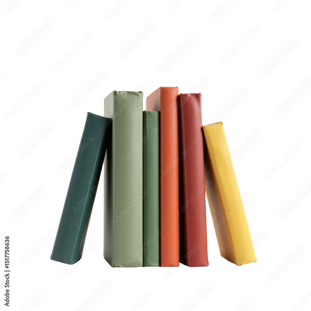 Poster stack of colorful books in various shades arranged vertically against a transparent background highl