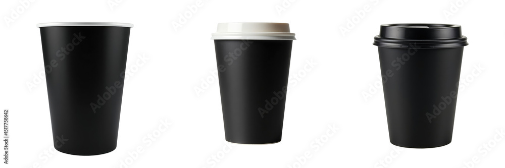 Poster closeup view of three disposable transparent paper coffee cups with different lids isolated on a tra