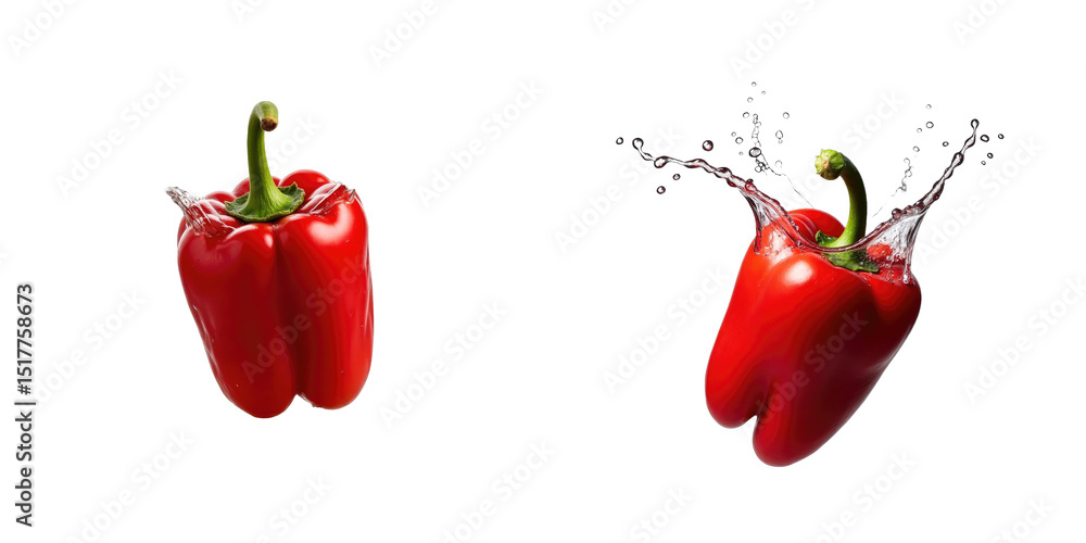 Poster fresh red sweet pepper with water splash on transparent background isolated on transparent backgroun