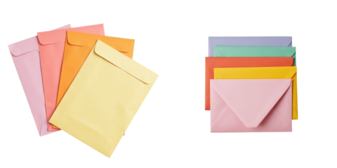 Collection of colorful envelopes in various pastel shades arranged on a transparent background featuring pink, yellow, orange, green, blue, and purple colors