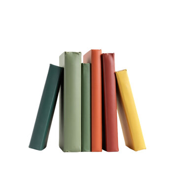 Stack of colorful books in various shades arranged vertically against a transparent background highlighting their distinct textures and shapes.