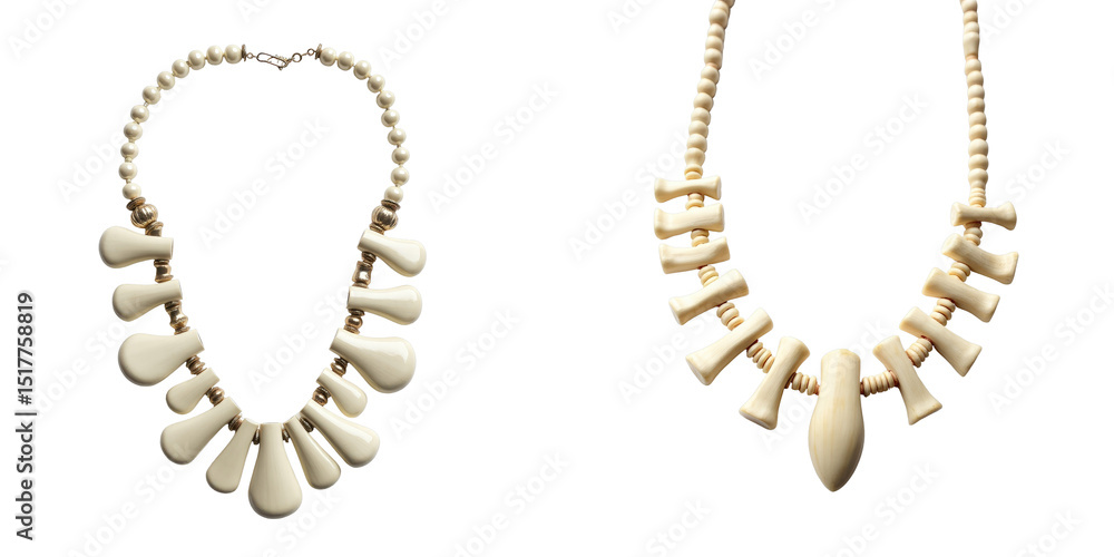 Poster handmade bone and bugle necklaces for women displayed against a transparent background featuring a u