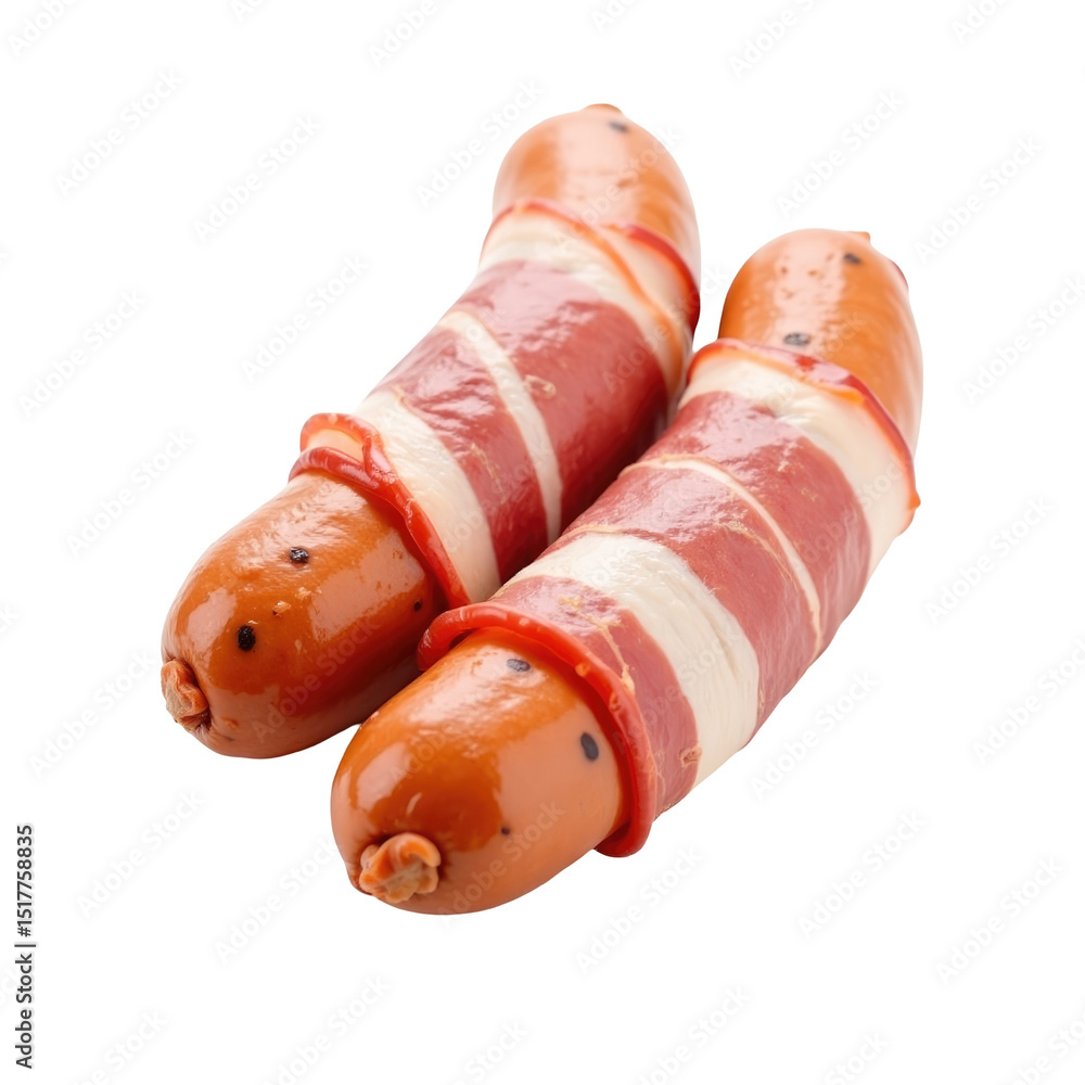 Poster bacon wrapped sausages isolated on transparent background featuring two cooked sausage links with ba