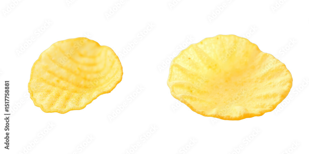 Aufkleber closeup view of two isolated corrugated crispy salted potato chips on transparent background showcas