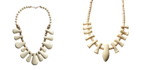 Handmade bone and bugle necklaces for women displayed against a transparent background featuring a unique design and distinct color variations in the beads.