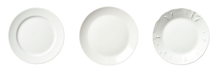 Three ceramic plates displayed on a transparent background featuring a broken plate on the right, showcasing varying stages of damage to illustrate fragility of dinnerware.