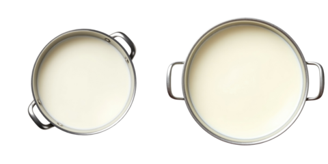 Two metal pans filled with fresh white milk positioned on a transparent background, showcasing distinctive shapes and handles for easy handling.