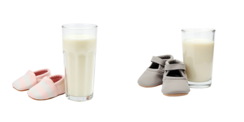 Baby shoes in pink and grey alongside glasses of milk, both items isolated on a transparent background, highlighting playful childhood themes and nutrition. 

baby shoes, pink shoes, grey shoes, gl...