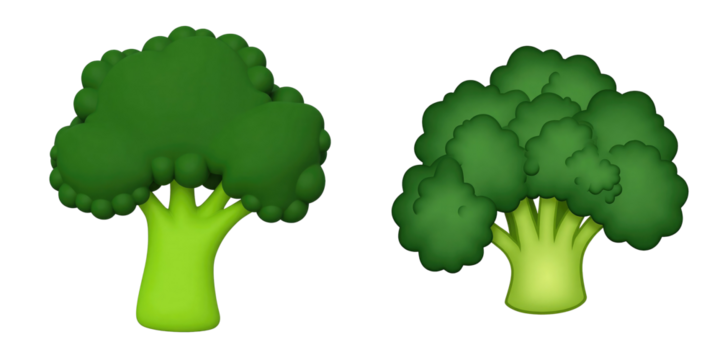 two cartoon style green broccoli illustrations isolated on a transparent background with vibrant colors and simple shapes representing organic vegetables