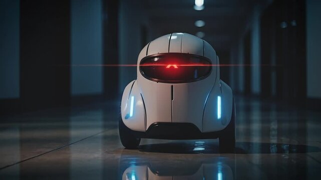 Futuristic patrol robot moving through a dark hallway with glowing lights and a red scanning eye, evoking sci-fi security themes.