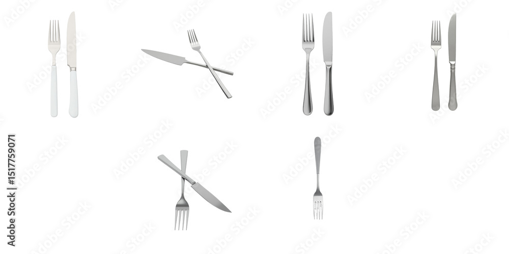 Poster detailed arrangement of forks and knives isolated on a transparent background showcasing various pos
