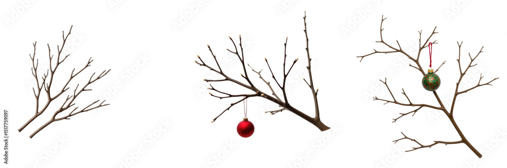 Poster branches adorned with christmas ornaments in various positions on a transparent background isolated 