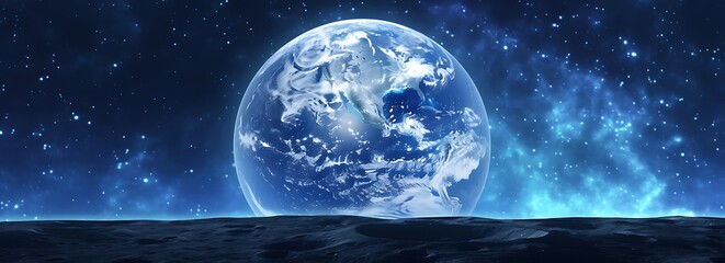 A blue Earth in space with stars and galaxies