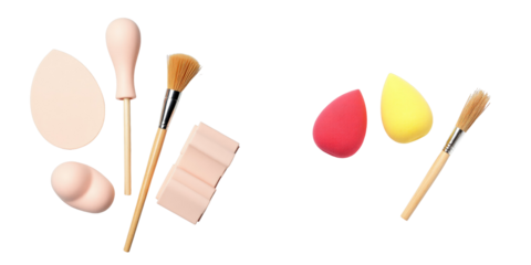 Collection of various makeup sponges and brushes arranged on a transparent background highlighting professional beauty tools for cosmetic application and blending techniques