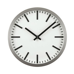Round wall clock with transparent hour and minute hands on white face, featuring minimalistic design and clear hour markers, isolated on transparent background.