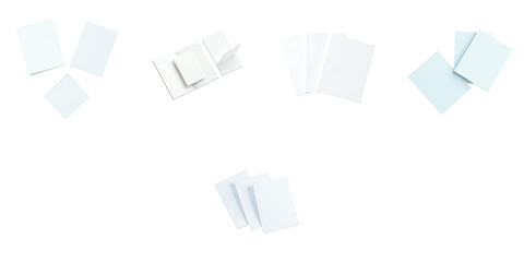 Collection of assorted closed and opened notepads in various orientations against a transparent background showcasing different sizes and shapes of paper notes