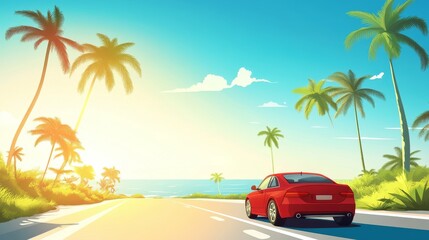 Car on summer road with palm trees and open sky. Background has free space for custom decoration or text. 