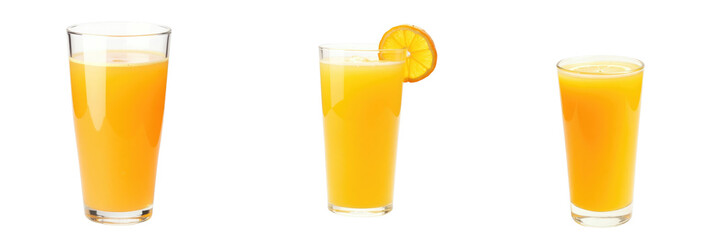 Fototapeta premium Variety of orange juice glasses including tall, short, and decorated with orange slice on transparent background, emphasizing freshness and vibrant color