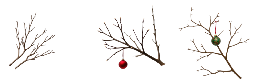 Branches adorned with Christmas ornaments in various positions on a transparent background isolated for visual clarity and versatile use in design projects