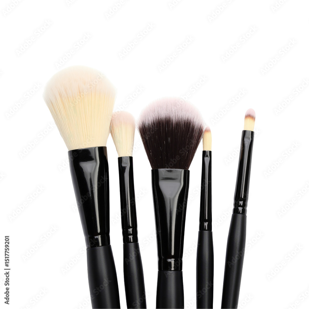 Poster set of five professional makeup brushes with varying shapes and sizes displayed on a transparent bac